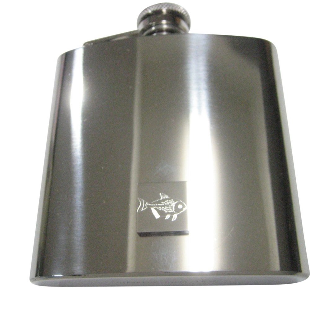 Silver Toned Square Etched Piranha Pirana Fish 6oz Flask
